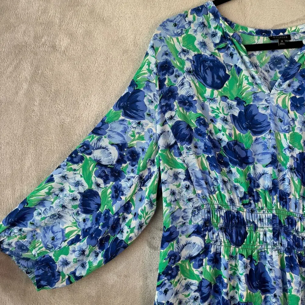 Talbots Dress Womens 18 Blue Green Floral Smocked Midi Cottagecore Ruffle Hem - Picture 3 of 7
